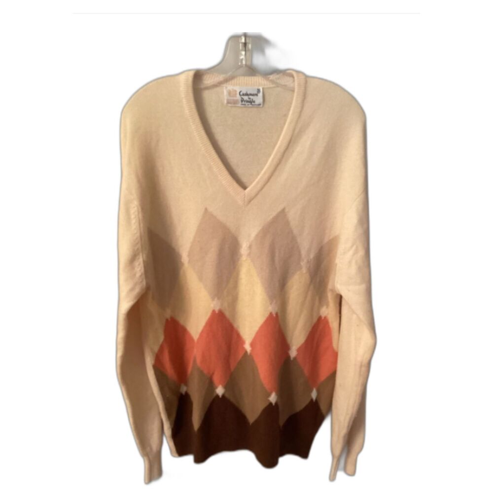 VINTAGE PRINGLE OF SCOTLAND  SZ 42 100% CASHMERE V NEVK ARGYLE SWEATER